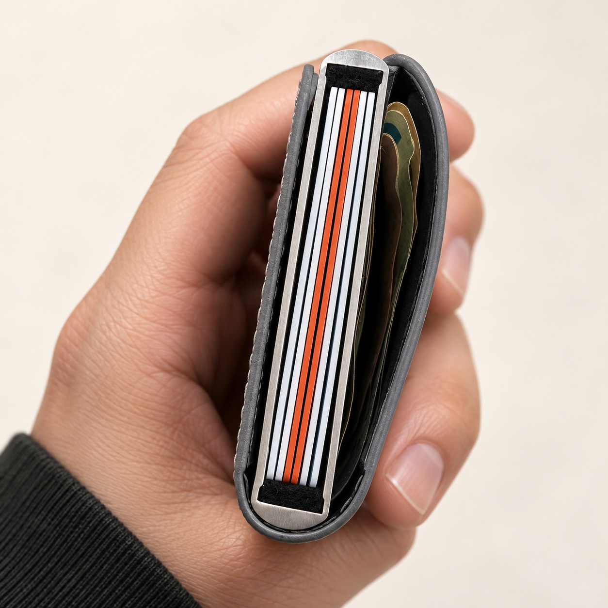 Sei carte inserite nel vano rigido del portafoglio
