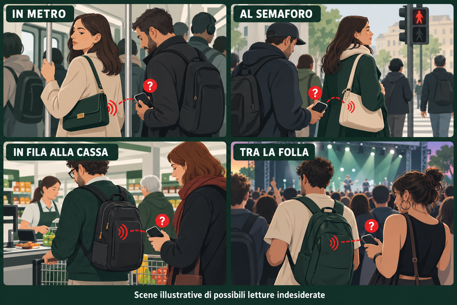 Quattro scene illustrate: tentativi di lettura contactless in metro, al semaforo, alla cassa e tra la folla